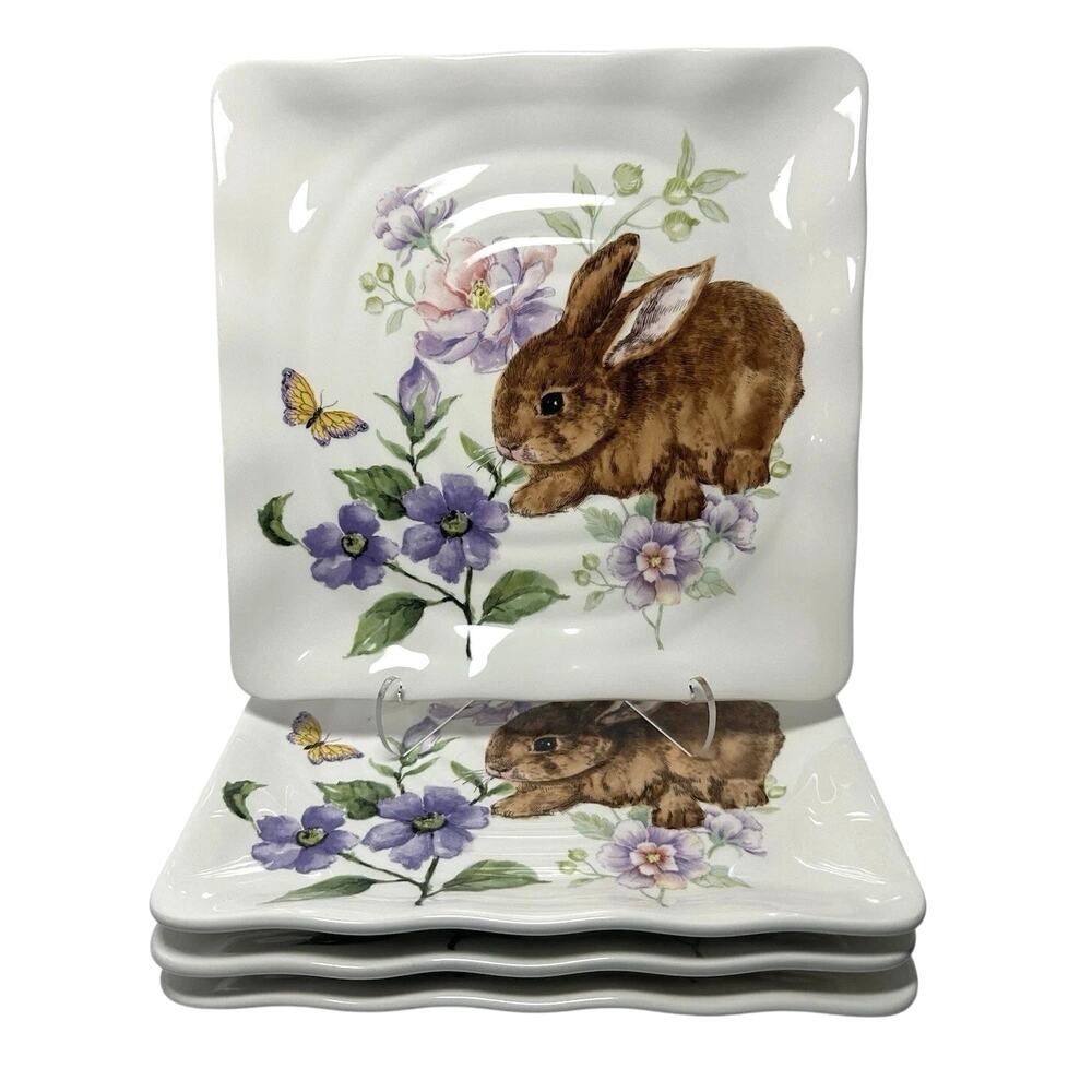 Maxcera Easter Bunny Rabbit Salad Plates 9" Spring Floral Ceramic Set of 4 New